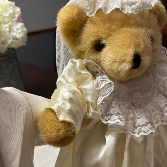 Wedding Teddy Bear Couple in Cream Outfits. Bride. Groom.